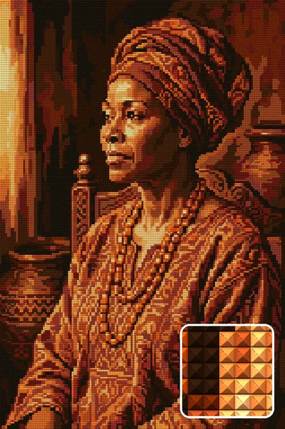 Regal African Woman Portrait, 40x60 cm diamond painting – finished design preview with a close-up of square drills