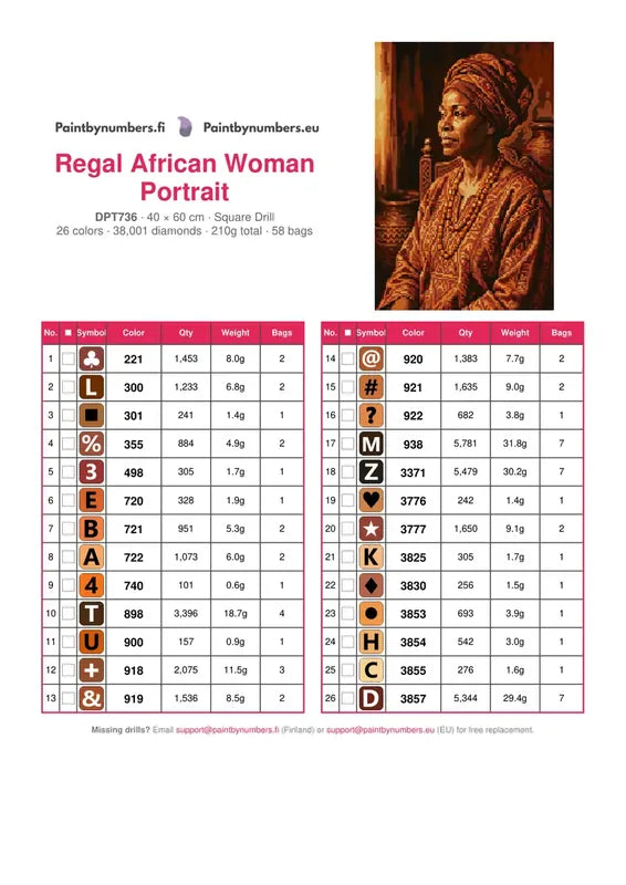 DMC color chart for Regal African Woman Portrait diamond painting - 26 colors