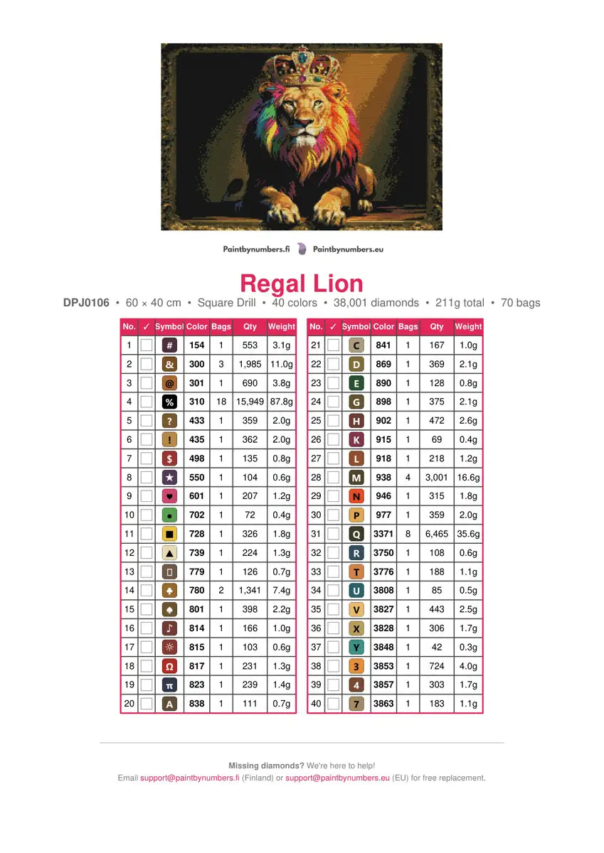 Regal Lion Diamond Painting Color Chart – 40 DMC Colors