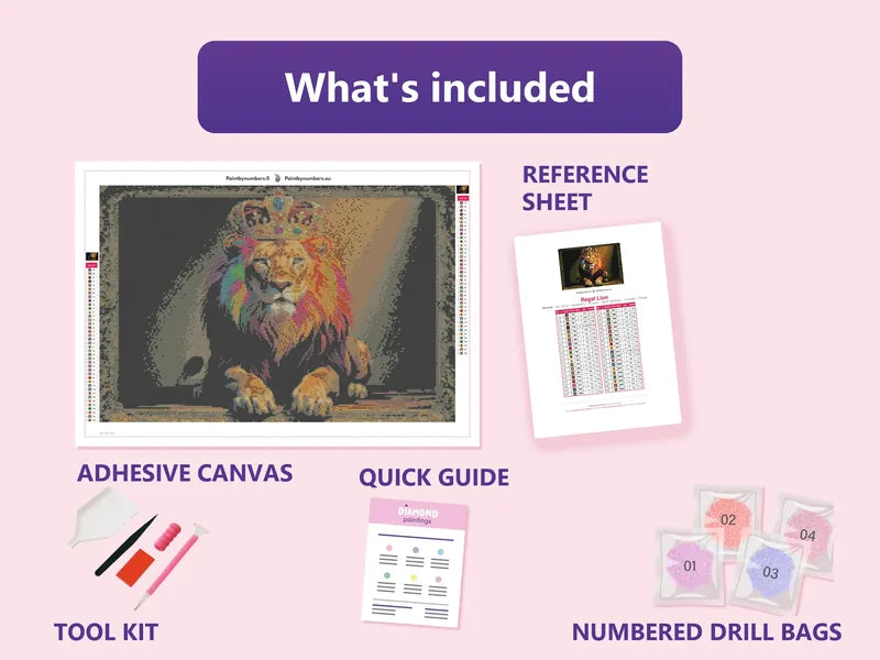 Regal Lion 60x40cm diamond painting kit contents: adhesive canvas, color chart, tools and diamond bags