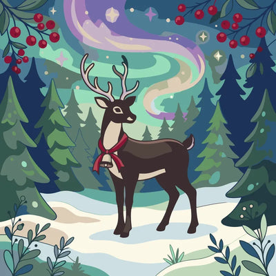 Reindeer in snowy forest with aurora paint by numbers.