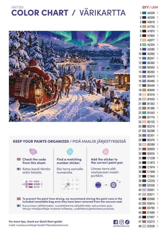 Paint color chart and instructions - Reindeer Sleigh under the Northern Lights 80x60cm
