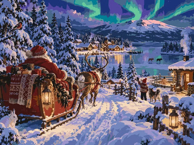 Santa in sleigh, aurora and winter village paint by numbers.