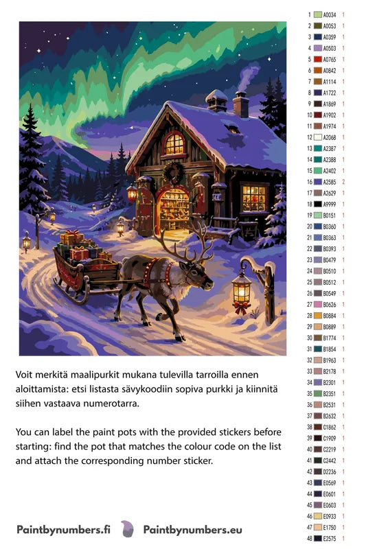 Paint color chart and instructions - Reindeer with Sled and Cabin 40x50cm
