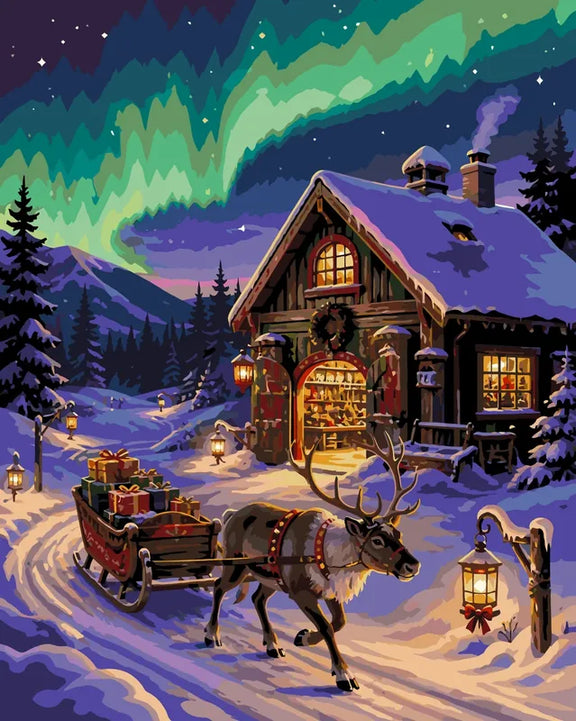 Reindeer pulls gift sled in front of cabin with northern lights, paint by numbers.