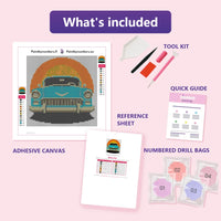 Thumbnail for What is included in the Retro Car diamond painting kit - adhesive canvas, reference sheet, tools and numbered drill bags