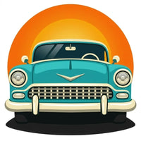 Thumbnail for Diamond Painting with turquoise retro car and orange sunset.