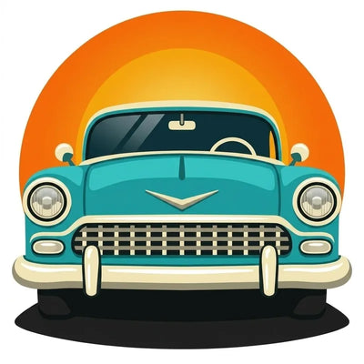 Diamond Painting with turquoise retro car and orange sunset.