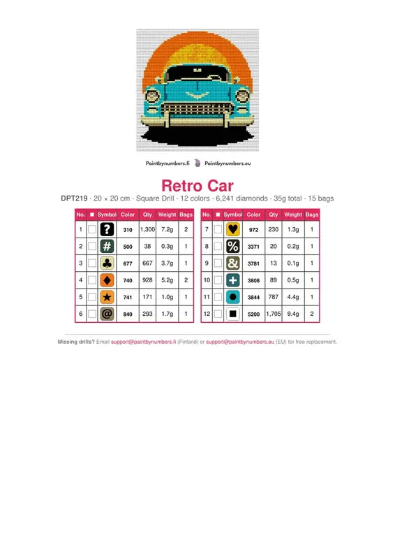 DMC color chart for Retro Car diamond painting - 12 colors