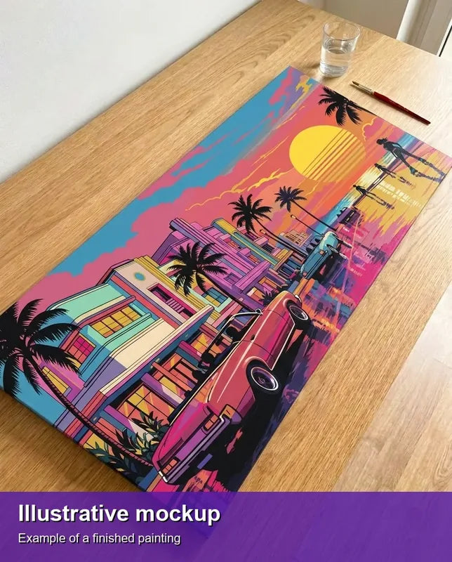 Illustration of the completed paint by numbers - Retro Cars on Beach Avenue 80x40cm