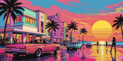 Classic cars and palm trees on the beach boulevard at sunset Paint By Numbers.