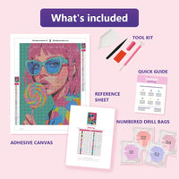 Thumbnail for Retro Pop 30x40cm diamond painting kit contents: adhesive canvas, color chart, tools and diamond bags