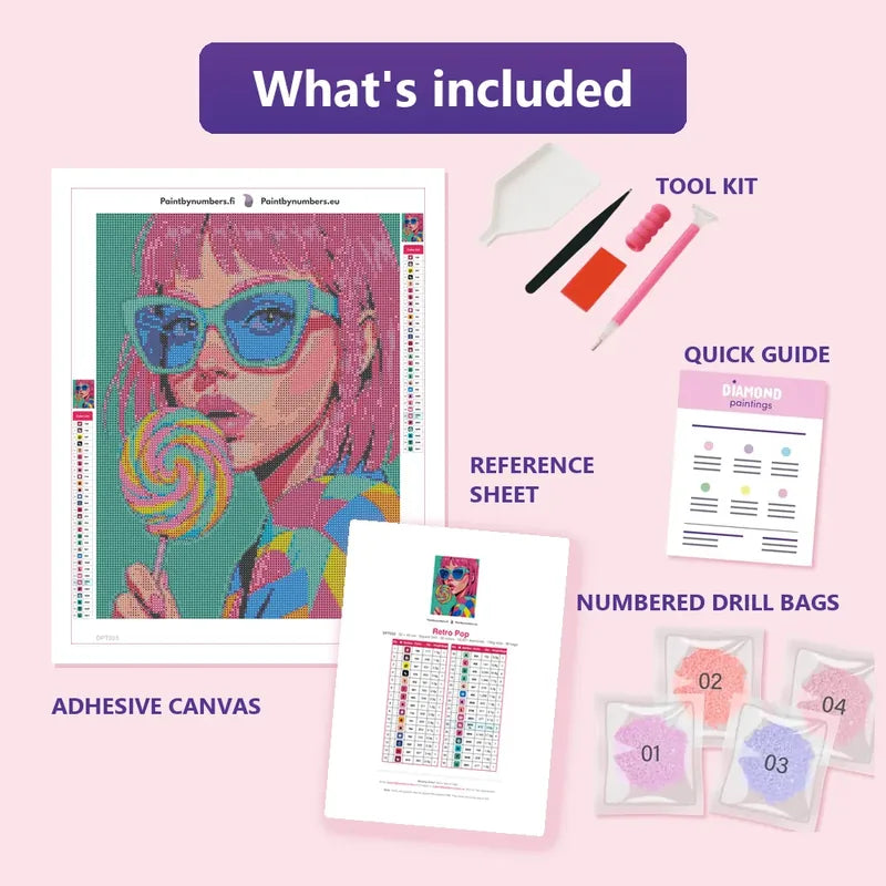 Retro Pop 30x40cm diamond painting kit contents: adhesive canvas, color chart, tools and diamond bags