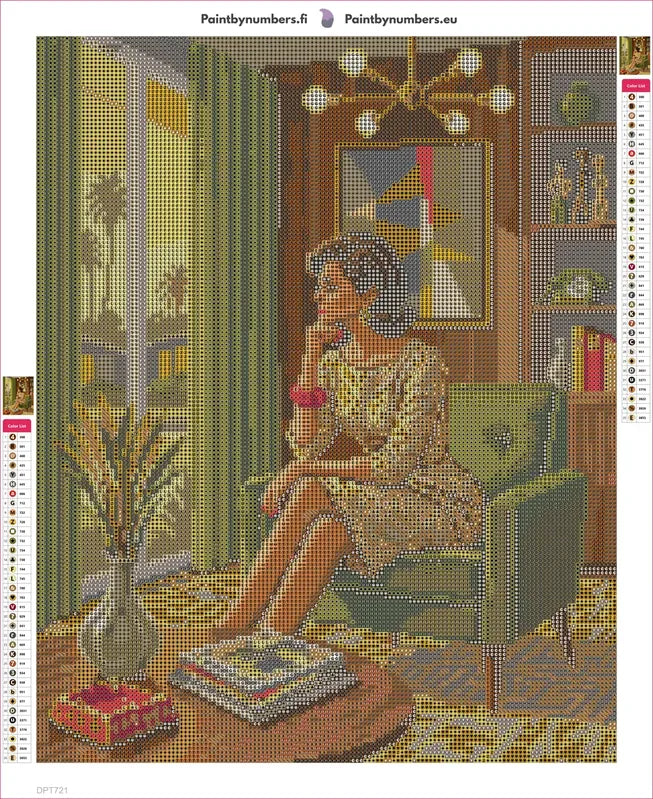 Diamond painting adhesive canvas preview - Retro Woman in Midcentury Room
