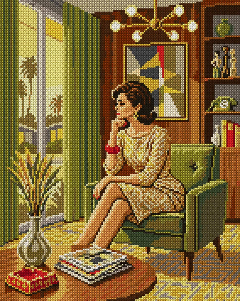 Retro Woman in Midcentury Room, 40x50 cm diamond painting – full design preview without the close-up inset