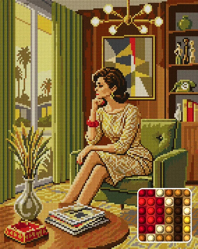 Retro Woman in Midcentury Room, 40x50 cm diamond painting – finished design preview with a close-up of round drills