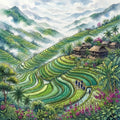 Thumbnail for Diamond painting of rice terraces in the mountains, bamboo huts, and colorful plants.