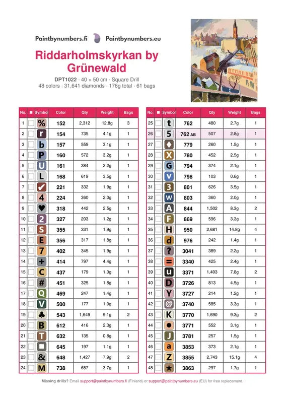 DMC color chart for Riddarholmskyrkan by Grünewald diamond painting - 48 colors