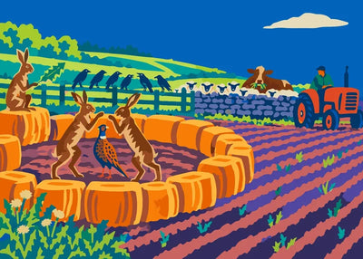 Paint by numbers of two hares boxing in a hay bale ring on a farm field with a pheasant, sheep and a red tractor.