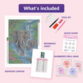 Thumbnail for What is included in the River Crossing of the Giants diamond painting kit - adhesive canvas, reference sheet, tools and numbered drill bags