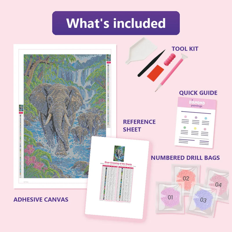 What is included in the River Crossing of the Giants diamond painting kit - adhesive canvas, reference sheet, tools and numbered drill bags