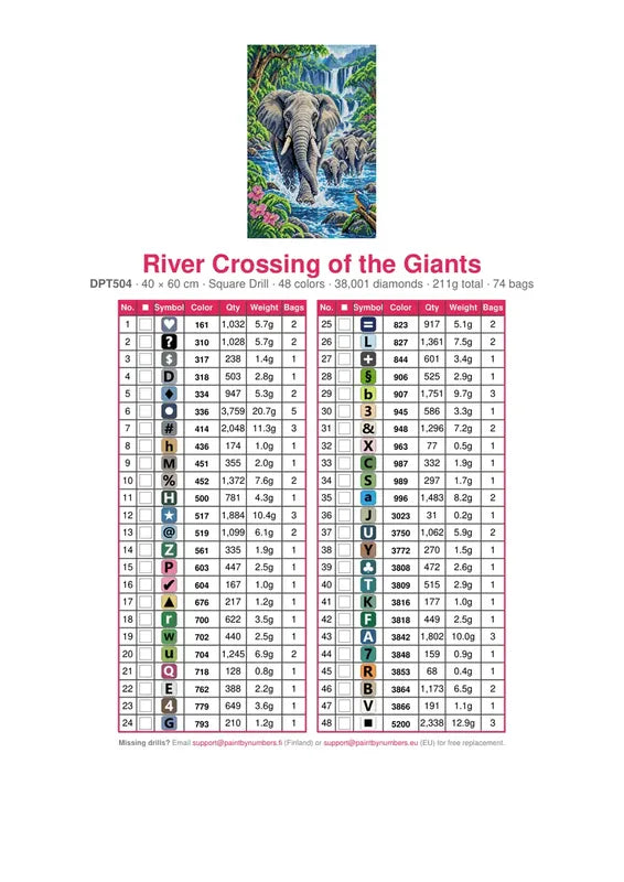 DMC color chart for River Crossing of the Giants diamond painting - 48 colors