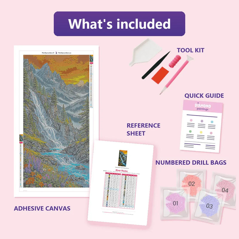 What is included in the River Rocks diamond painting kit - adhesive canvas, reference sheet, tools and numbered drill bags