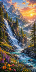 Thumbnail for Diamond Painting of alpine landscape with tall waterfall, mountains, colorful flowers, and sunrise.