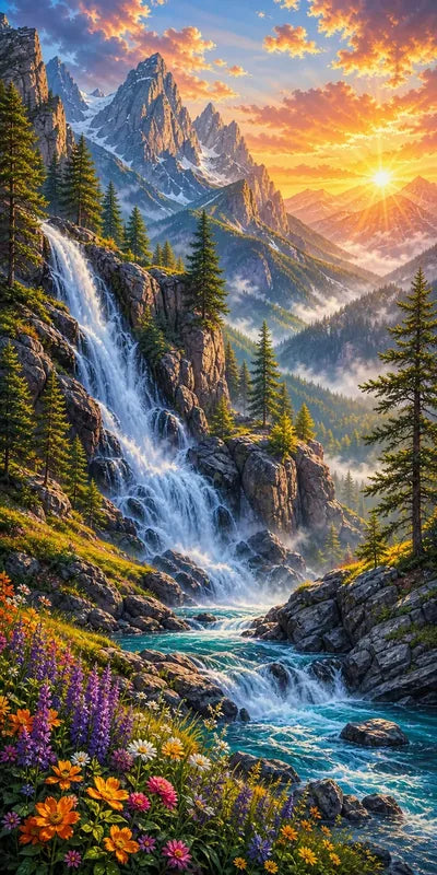 Diamond Painting of alpine landscape with tall waterfall, mountains, colorful flowers, and sunrise.