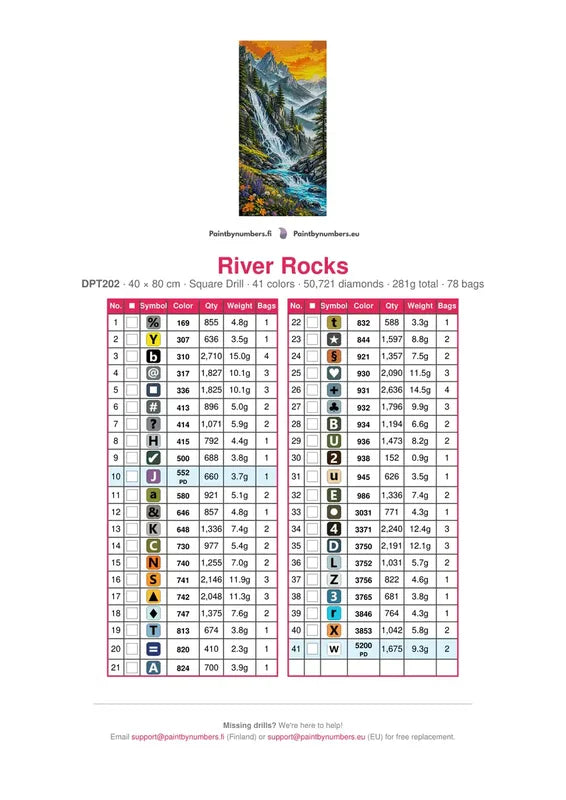 DMC color chart for River Rocks diamond painting - 41 colors