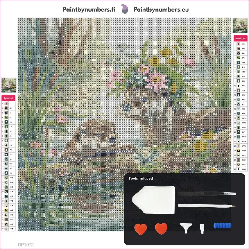 Diamond painting canvas preview with tools - Riverbank Otters