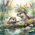 Thumbnail for Diamond painting featuring a mother otter in a flower crown and her pup on a pond among flowers and water lilies.