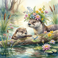 Thumbnail for Diamond Painting with otter mother in a flower crown and pup by a pond with lilies and flowers.