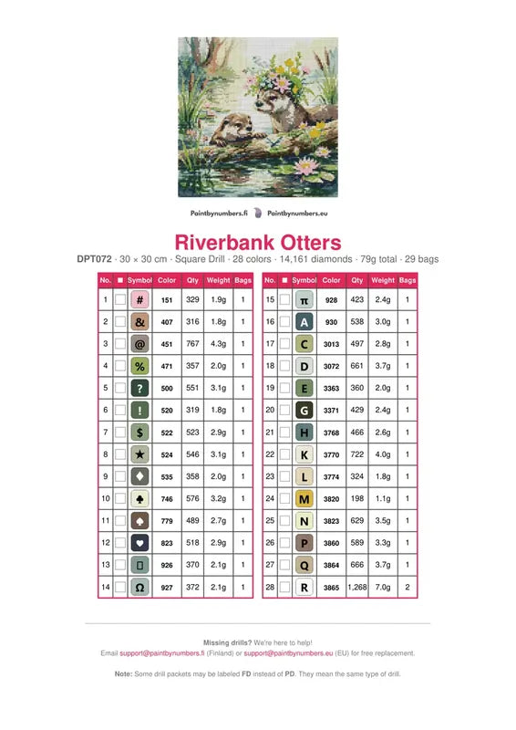 DMC color chart for Riverbank Otters diamond painting - 28 colors