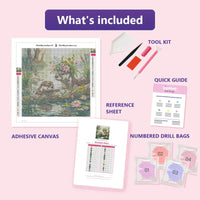 Thumbnail for Riverbank Otters 30x30cm diamond painting kit contents: adhesive canvas, color chart, tools and diamond bags