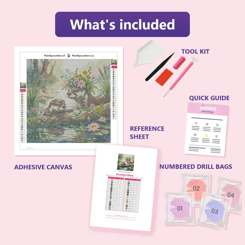 Riverbank Otters 30x30cm diamond painting kit contents: adhesive canvas, color chart, tools and diamond bags