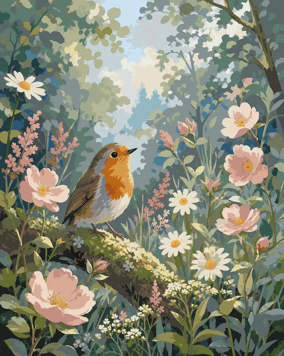 Robin on a branch among flowers Paint By Numbers. 40x50cm