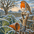 Thumbnail for Robin on a garden fork handle with snowy cabbages and a terracotta pot – paint by numbers