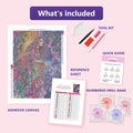 Thumbnail for What is included in the Romantic Lady On Balcony diamond painting kit - adhesive canvas, reference sheet, tools and numbered drill bags