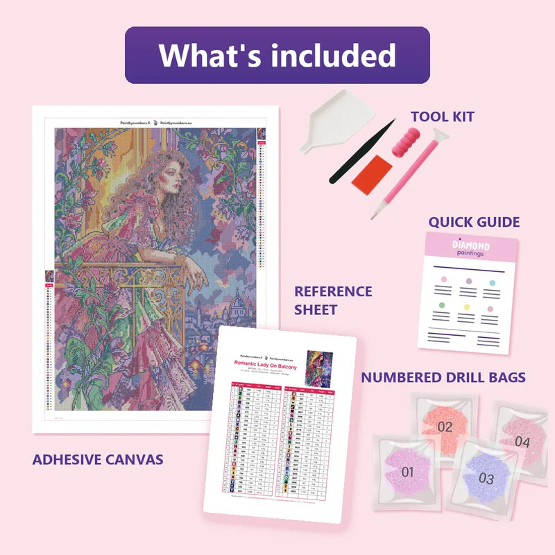 What is included in the Romantic Lady On Balcony diamond painting kit - adhesive canvas, reference sheet, tools and numbered drill bags