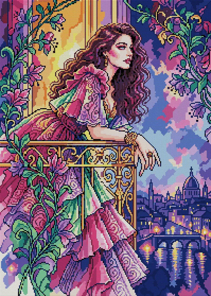 Romantic Lady On Balcony, 50x70 cm diamond painting – full design preview without the close-up inset