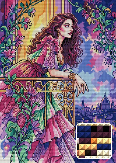 Romantic Lady On Balcony, 50x70 cm diamond painting – finished design preview with a close-up of square drills