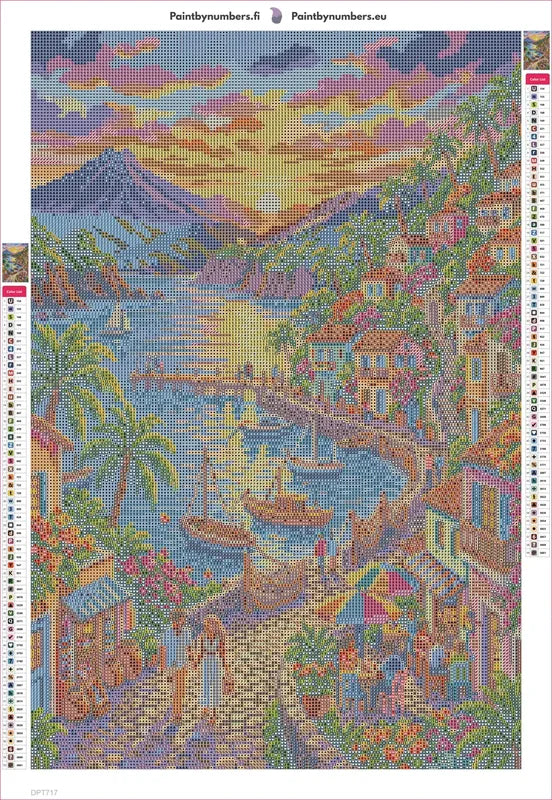 Diamond painting adhesive canvas preview - Romantic Seaside Village Sunset