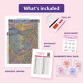 Thumbnail for What is included in the Romantic Seaside Village Sunset diamond painting kit - adhesive canvas, reference sheet, tools and numbered drill bags