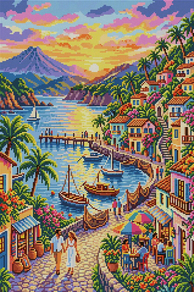 Romantic Seaside Village Sunset, 40x60 cm diamond painting – full design preview without the close-up inset