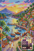 Thumbnail for Romantic Seaside Village Sunset, 40x60 cm diamond painting – finished design preview with a close-up of square drills