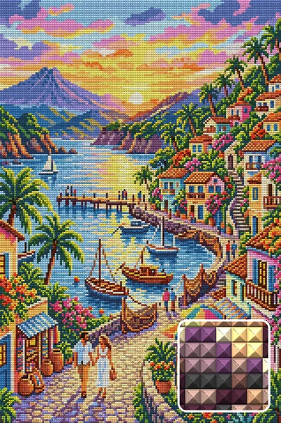Romantic Seaside Village Sunset, 40x60 cm diamond painting – finished design preview with a close-up of square drills