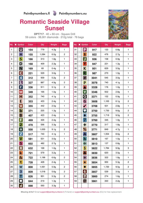 DMC color chart for Romantic Seaside Village Sunset diamond painting - 59 colors