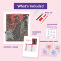 Thumbnail for What is included in the Ronin Under the Blood Moon diamond painting kit - adhesive canvas, reference sheet, tools and numbered drill bags