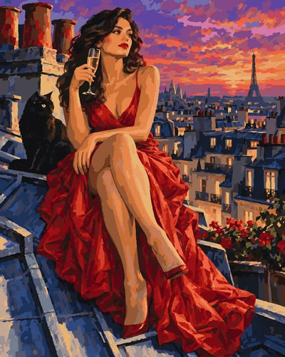 Woman in red dress on Paris rooftop, Eiffel Tower, paint by numbers.